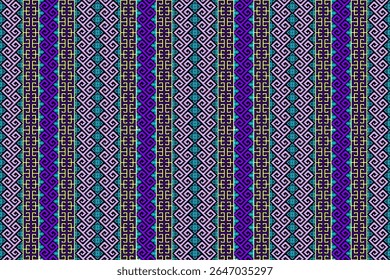 Padrão étnico de pixels vibrante e sem emenda, listras verticais, motivos geométricos, tons de ametista, violeta, turquesa, azul-petróleo, verde-limão, tecidos arrojados, moda moderna, fundos digitais atraentes.