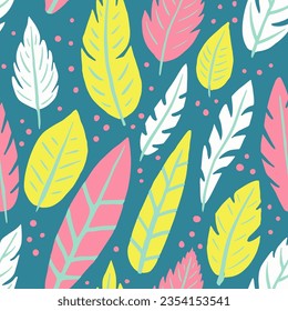 Vibrant Seamless Exotic Feathers Shape Backdrop. Blue Seamless Decoration Plumage Artwork, Seamless Wallpaper. Pink Endless Native Quill Surface Art. Feathers