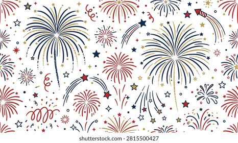 Vibrant seamless firework pattern background featuring various explosive bursts shooting stars rockets confetti streamers and sparkling light streaks in patriotic red white blue and gold colors perfect for celebration event posters holiday backdrops or wrapping paper print.