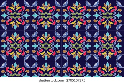 A vibrant seamless floral geometric pattern featuring colorful petals and symmetrical shapes on a maroon background. Perfect for textile prints, fabric design, wallpaper, wrapping paper, and tradition