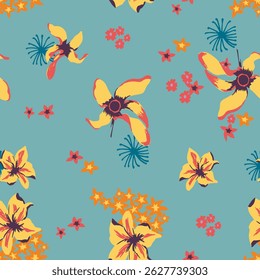 A vibrant seamless floral pattern accenting bold yellow and orange tropical flowers with stylized leaves, set against an aqua blue background