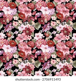 Un vibrante patrón floral sin fisuras rebosante de flores rosas y rojas que crea una rica sensación romántica de jardín.