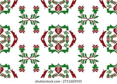 Padrão floral sem emenda vibrante com uma textura tracejada, semelhante a bordados. Vermelho e verde estilo de arte folclórica flores e folhas em branco. Perfeito para têxteis, tecido e papel de parede.