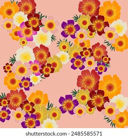 Vibrant seamless floral pattern featuring a mix of colorful flowers in shades of red, orange, yellow, purple, and pink on a soft peach background. Ideal for textiles, wallpapers, and decorative design