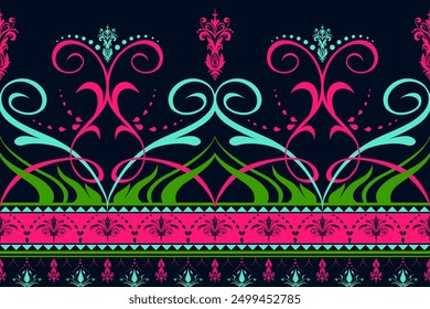 A vibrant and seamless floral pattern featuring elegant swirls and intricate designs in pink, teal, and green on a dark background, perfect for fabric and textile applications.