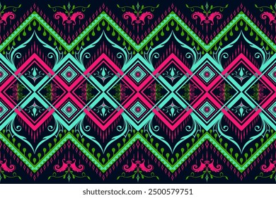 A vibrant and seamless floral pattern featuring elegant swirls and intricate designs in pink, teal, and green on a dark background, perfect for fabric and textile applications.