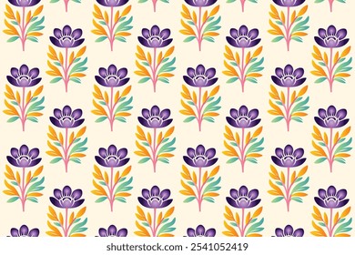 vibrant seamless floral pattern featuring colorful abstract botanical flowers and lush green leaves, designed for fashion fabric, digital printing, and innovative textile design projects