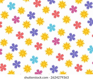 Vibrante patrón floral sin fisuras con flores estilizadas en amarillo, rojo, rosa, púrpura y azul sobre un fondo blanco limpio.
