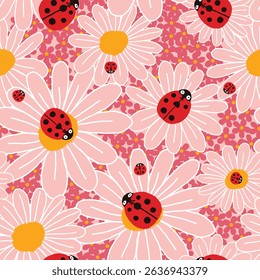 A vibrant seamless floral pattern featuring red ladybugs on large white daisies set against a cheerful pink background. Ideal for children's apparel, fabric prints, nursery decor, and spring-theme