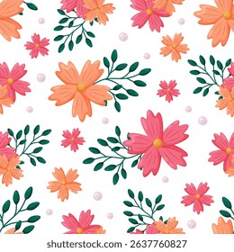 A vibrant seamless floral pattern featuring charming pink and orange flowers with dark green leafy branches, scattered playfully on a crisp white background. This lively repeating design is perfect fo