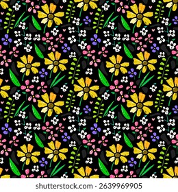 Vibrant seamless floral pattern featuring yellow daisies, colorful blooms, and greenery on a dark, whimsical background. Perfect for fabric design, wallpapers, and creative graphic projects.