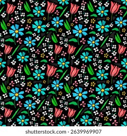 Vibrant seamless floral pattern featuring colorful blooms, and greenery on a dark, whimsical background. Perfect for fabric design, wallpapers, and creative graphic projects.