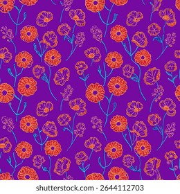 A vibrant seamless floral pattern featuring bright orange flowers against a striking purple background. This repeating botanical design is perfect for wallpaper, fabric prints.