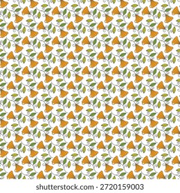Vibrant seamless floral pattern featuring orange flowers, green leaves, and curling vines on a clean white backdrop. Ideal for textiles, wallpaper, branding, and cheerful nature-inspired projects