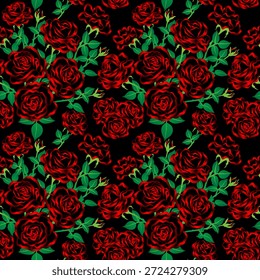 Lebendige nahtlose Blumenmuster mit Clustern von roten Rosen und grünen Blättern auf einem soliden schwarzen Hintergrund, ideal für romantische Tapeten, Stoffdesign und Valentinstag. 