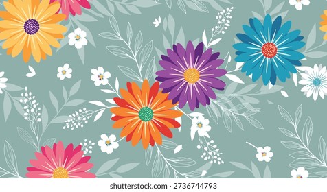 Vibrant seamless floral pattern featuring large colorful daisies in orange, purple, and blue with white wildflowers on a teal background.