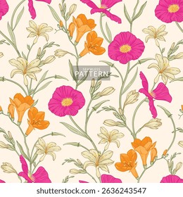 Vibrant seamless floral pattern with hand-drawn pink, orange, and yellow flowers on a cream background. Ideal for fashion, wrapping paper, and cheerful spring-themed projects.