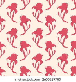 Vibrant seamless floral pattern with iris motifs, ideal for fabrics, wallpapers, or digital designs. Retro-inspired print exudes an elegant romantic charm