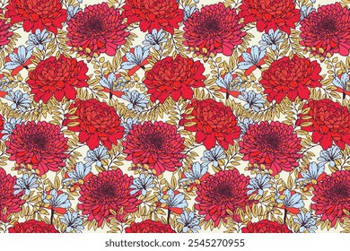 Vibrant seamless floral pattern with large red flowers, light blue blossoms, and yellow-green leaves on a light background. Nature ornament for textile, wallpaper, packaging, and decorative projects.