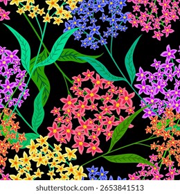 Flores sin fisuras vibrantes del patrón floral de Phlox Verbena Myosotis Asclepias con las hojas verdes en el fondo negro Diseño de la primavera del verano