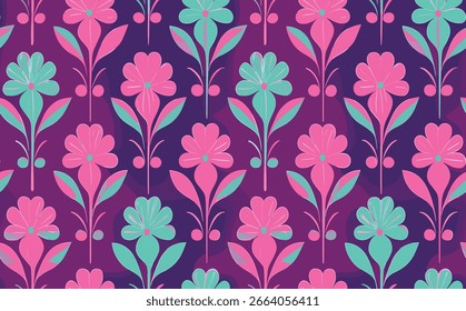 Vibrante Patrón Floral Sin Costuras Con Flores De Color Rosa Y Verde Azulado Sobre Un Fondo Púrpura Profundo, Perfecto Para Textiles O Diseño Digital.