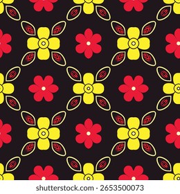 Vibrant Seamless Floral Pattern Red And Yellow Flowers With Intricate Leaf Details On A Dark Background, Ideal For Textiles Or Decorative Purposes.
