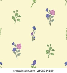 A vibrant seamless floral pattern showcasing beautiful pink purple and blue flowers. Vector illustration with wildflowers