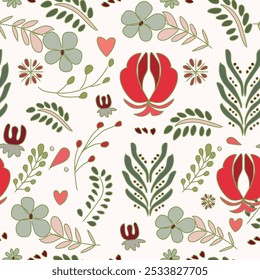 A vibrant seamless floral pattern with stylized flowers, leaves, and natural elements in red, green, and soft pinks. Perfect for textiles, wallpapers, stationery, or digital backgrounds