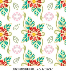 Padrão floral sem emenda vibrante com flores vermelhas estilizadas e folhas verdes