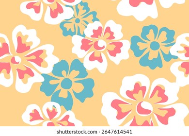 Vibrant seamless floral pattern. Tropical floral seamless pattern in peach yellow background tone. Retro flower design. Ideal for summer clothing, kids’ clothes,gift wrap, textile printing,stationery.