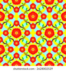 A vibrant seamless floral vector pattern featuring red lotus flowers, green leaves, and organic branches. Perfect for textile design, wallpapers, packaging, and spring-themed creative projects.