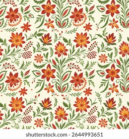 A vibrant, seamless folk art floral pattern with a vintage charm. Rich autumn colors evoke a cozy feel, perfect for textiles, wallpaper, and crafts. Hand-drawn, organic design
