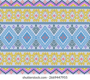 Um padrão étnico geométrico contínuo vibrante com design colorido em estilo pixel, perfeito para produtos digitais, têxteis e fundos