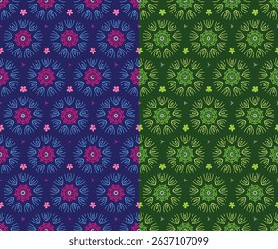 Vibrant seamless geometric floral pattern with symmetrical graphic in bold blue pink and green tones perfect for fabric wallpaper packaging and ornamental patterned project