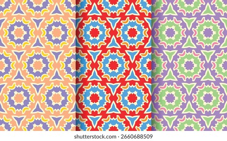 Padrão floral geométrico sem emenda vibrante com formas ornamentais coloridas, perfeito para têxteis, papéis de parede, fundos, papel de embrulho e projetos de design decorativo.