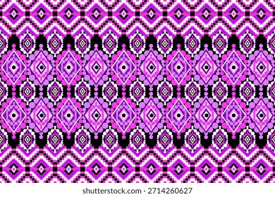 Vibrante patrón geométrico sin fisuras con motivos de diamantes étnicos en rosa neón, púrpura, negro y blanco. Diseño simétrico atrevido perfecto para textiles, moda, Fondo de pantalla y estampados superficiales.