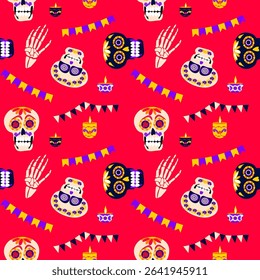 Vibrant seamless geometric pattern featuring sugar skulls, candles, and colorful papel picado garlands on a bright red background. Perfect for Día de los Muertos themed designs
