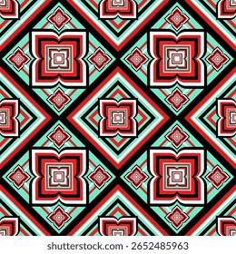 A vibrant seamless geometric pattern featuring a stylized floral motif within repeating diamond shapes rendered in bold red black white and teal
