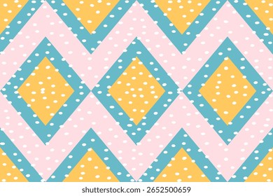 A vibrant seamless geometric pattern featuring repeating diamond shapes in soft pink blue and yellow colors with a dotted texture This repeating graphic background creates a cheerful and playful