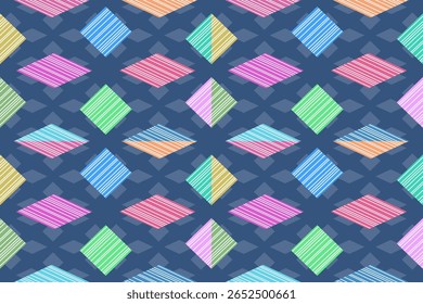 Vibrant seamless geometric pattern featuring colorful rhombuses with varying stripes This playful design showcases bold shapes on a deep blue background creating an eye catching visual