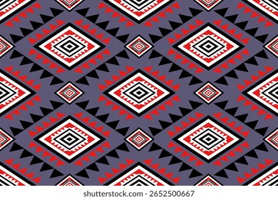 A vibrant seamless geometric pattern featuring repeating rhombuses and triangles in red black and white on a grey purple background This abstract design creates a visually striking ethnic motif