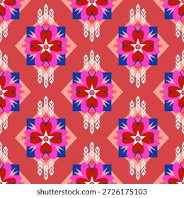 Um padrão geométrico contínuo vibrante com motivos tribais étnicos e ornamentos florais. O design apresenta um estilo boêmio moderno com formas de diamante simétrico e linhas em ziguezague em azul-turquesa, rosa brilhante e vermelho. Ideal para impressão têxtil, vestuário de moda, papel de parede de decoração doméstica e texturas de fundo digitais.