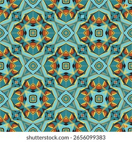 A vibrant seamless geometric pattern in a kaleidoscope style, with teal, orange and gold hues. Ideal for bold modern design, textiles, decor, or digital backgrounds, embodying a trending artistic.