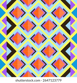 Vibrant seamless geometric pattern with layered diamond shapes in red, yellow, purple, and blue. Ideal for digital prints, fashion textiles, and statement fabric designs.