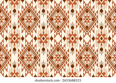 A vibrant seamless geometric pattern showcasing repeated diamond and triangle shapes in shades of brown orange and cream The design evokes a tribal or ethnic aesthetic with its traditional intricate