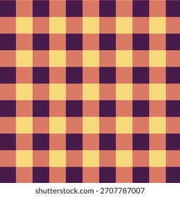 Vibrant seamless geometric plaid pattern with classic checkered grid of deep purple, warm orange, and bright yellow squares, creating a cozy decorative fabric