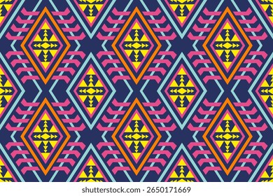 A vibrant and seamless geometric tribal pattern with diamond and zigzag shapes in eye catching colors against a dark blue background