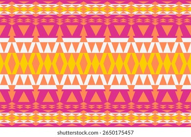A vibrant seamless geometric tribal pattern featuring repeating rows of triangles and diamonds in bright pink orange and yellow