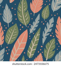 Vibrant Seamless Graphic Plumage Leaves Pattern. White Repeated Tribal Feathers Lines, Seamless Wallpaper. Blue Continuous Beauty Quill Ornament Print. Quill