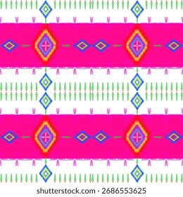 Un vibrante patrón ikat sin fisuras con audaces rayas Horizontales y motivos geométricos de diamantes en rosa, amarillo, azul y verde sobre un fondo blanco.